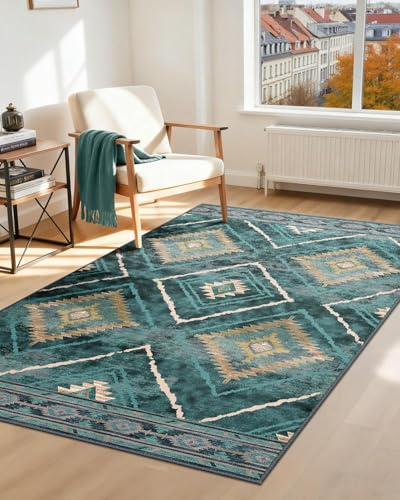 DEFYNEE Tappeto Soggiorno 90 x 150 cm, Tappeto Antiscivolo a Pelo Corto, Idrorepellente, Lavabile in Lavatrice, per Corridoio, Soggiorno e Camera da Letto, Verde Scuro