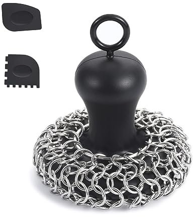 Fowecry Cast Iron Chainmail Scrubber + Pan Stainless Steel Skillet Cleaner, Scraper Tool For Cast Iron Pans Washable Black