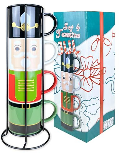IlGruppone Set 4 Tazzine da caffè con Supporto Fantasia Natale in Porcellana New Bone Tazza Natalizia Idea Regalo Si Lavastoviglie Microonde - Dis2-Schiaccianoci