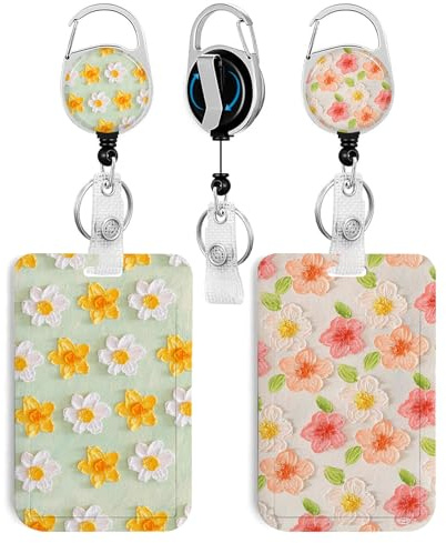 2 Pack Flowers ID Badge Holder with Clip Badge Reels Retractable Heavy Duty,Keychain，ID Holder for School Nurse Office 5