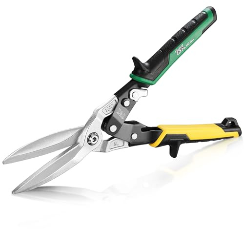 SK 11.5 Inch Aviation Tin Snips, Straight Cut, Cr-Mo Steel Blade, Anti-slip Handle and Safety Latch, for Cutting Sheet Metal