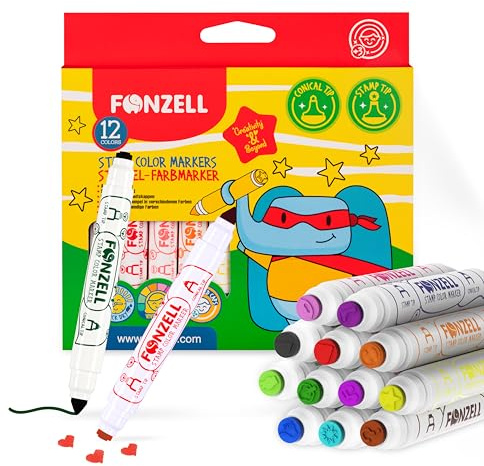 Fonzell Stempelmarker 12 Farben – Dual-Tip Malstifte mit Kegel- & Stempelspitze – Waschbar, Schnell Trocknend & Ungiftig – Perfekt für Kinder, Schule & Bastelideen