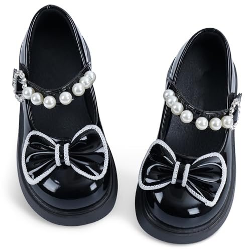 Girls' Dress Shoes with Pearl Straps and Bow Toe Soft Sole Princess Dress Shoes Girls' Ballerina Flat Mary Jane Flats Black 5 UK Child
