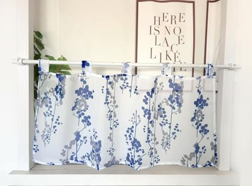 Daliena Scheibengardine Zweige Bistrogardine Voile Kurzgardine Transparent Fenstergardinen mit Schlaufen Küchengardine Landhaus Schlaufenschal Kurz mit Muster (BxH 120x45cm) Blau 1 stück