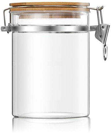 MOLADRI 36 oz/1050ml Clear Glass Storage Canister with Airtight Bamboo Lid, Medium Decorative Container Jar for Coffee Spice Candy Salt Tea Cookie Condiment Pepper Sugar Overnight Oatmeal Snacks