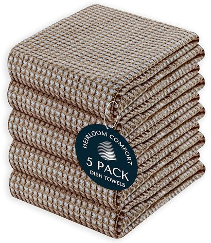 HEIRLOOM COMFORT 5 Pack Dual Waffle Kitchen Towels, 100% Cotton, 40x66 cm, Super Absorbent, Quick Dry Dishcloth Set with Hanging Loop, Soft for Cleaning, Drying Dishes, Durable Hand Towel, Brown