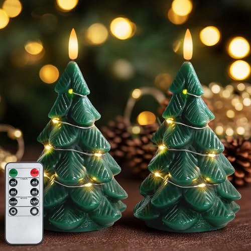 Homemory 2/4/6/8H Timer Flameless Battery Candles Remote Control, Green Christmas Tree String Electric Candle, Real Wax Fake Candles, for Xmas Eve Gift Holiday Party Home Decor, 2pack