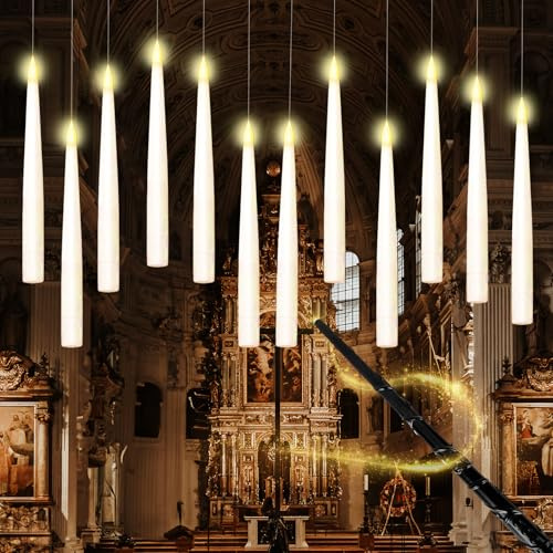 12 Stück Schwebende Kerzen mit Zauberstab Fernbedienung, Floating Candles mit 6H Timerfunktion, Fliegende Kerzen, Flammenlose, LED Kerzen Flackernde Flamme für Halloween,Weihnachten,Party Deko