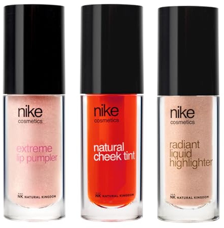 NIKECOSMETICS - Pack Makeup Essentials, Incluye Extreme Lip Plumper, Natural Cheek Tint y Radiant Liquid Highlighter, Fórmula Vegana y Nail‑Friendly