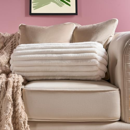 OHS Neck Roll Pillow Faux Fur Ribbed Round Bolster Cushion Soft Cosy Pillow Support for Sleeping Armrest Back Yoga Bolster Cushion for Sofa Bed, Cream - 46 x 20cm