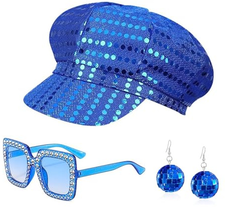 TGKEAIY 3 Pièces Tenue de Fête Disco chapeau Femmes, Accessoires Disco des années 70 80 with Paillettes Bérets Chapeau Lunettes de Soleil Boucles d'Oreilles, Costume de Danse Disco for Adult Femme