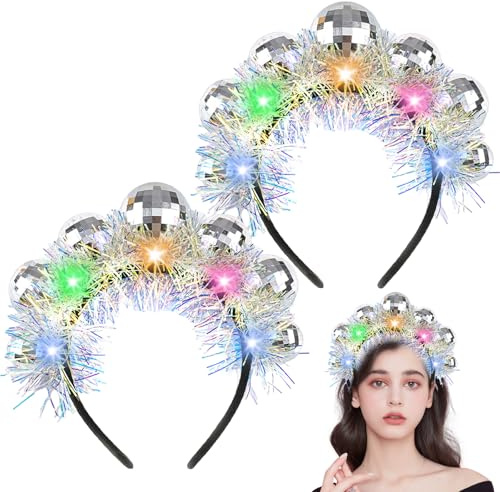 2 Stück Discokugel Haarreif, Haarreifen Fasching Damen, Haarreif Discokugel Silber, Disco Kugel Accessoires, Glitzer LED Haarreifen, Disco Kostüm Zubehör für 70er 80er Weihnachten Karneval Neujahr