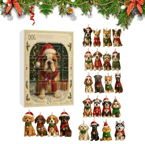 Wezalget Calendrier de l Avent 24 Jours pour Chien - Set de Charmes en Acrylique 2D pour Amoureux des Chiens - Ornements Animaux de Noël pour Porte Fête Rétroviseur Voiture Porche Arbre Balcon Fenêtre