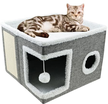 Katzenhöhle 2-stöckiges faltbares Katzenhaus mit Kratzbrett, 41x41x32cm Katzenbetten Gemütliche Plüsch-Katzenhöhlen für Katzen, kleine Hunde, Welpen und kleine