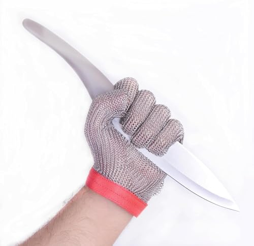 RETON-PPE Stechschutz Handschuh aus Edelstahl Kettengeflecht, Lebensmittelqualität, Schnittfest für Köche, Metzger, Sicherheitsarbeit, mit Rotem Gurt (L)