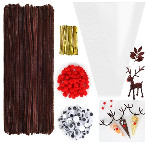 600 Stück Pfeifenputzer Braun Set-100 Pfeifenreiniger Braun, 100 Spitztüten Transparent mit 100 Twist Ties, 200 Wackelaugen Selbstklebend, 100 Rote Pompons, Bonbons Kekse Weihnachten Rentier Tüten