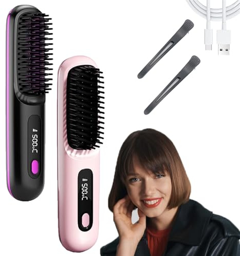 Brosse Lissante Portable Naelyah Gobrosse Pro, Brosse Chauffante Cheveux Court, Anti-BrûLure Avec éCran Led Rechargeable Pour Tous Les Types De Cheveux (2pcs-b)