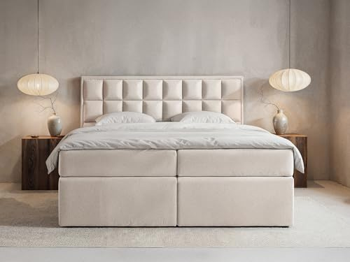 FurnitureByJDM Lit Boxspring 180x200 cm avec Sommier Coffre | Lit Double Confort de Rangement Moderne avec Matelas à Ressorts Intégrés & Vérins à Gaz – Tissu Jupiter – TOLEDO (Crème)