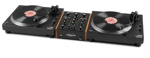 2x Vonyx DT3000 Belt Drive DJ Turntables with Rotary Mixer, Vinyl DJ Decks Setup for Home Hi-Fi and Mixing, S-Shaped Tonearm, USB Output, Phono Line Preamp, RCA Cables Included