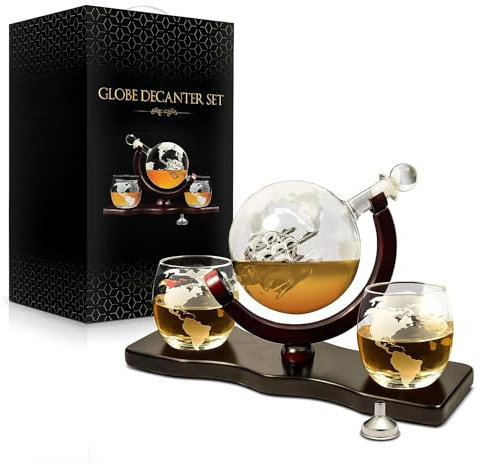 Set di decanter per whisky, decanter a forma di globo inciso in stile antico, pinze per bicchieri, tappo a imbuto per liquori, dispenser per liquori, scotch, bourbon, vodka, rum, vino, tequila,