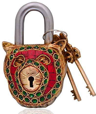 Purpledip Vorhängeschloss in Löwenform, Messing, handgefertigt, antikes Design mit bunten Edelsteinen, einzigartige Kombination aus Stil und Sicherheit (10699)