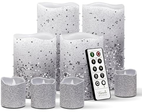FURORA LIGHTING Silver Glitter LED Candles with Remote and Timer, 4 Pillars and 4 Votives Pack of 8, Real Wax Flameless Flickering Candles for Home Décor, Battery Included