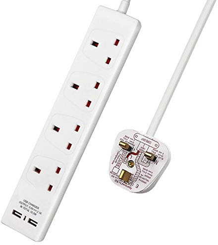 ExtraStar 4 Way Extension Lead with 2 USB Slots, 13A UK Plug Extension, Wall Mounted Power Strips with 1M/3.3FT Extension Cable - White