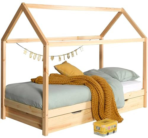 Vipack Dallas 2 Hausbett 90 x 200 cm Liegefläche inkl Bettschublade, Natur Natur