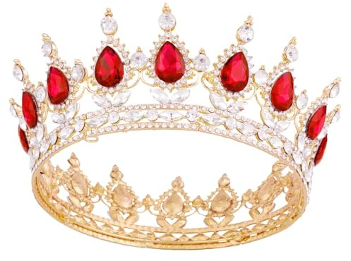Kronen für Frauen, Vofler Queen Tiara Barock Vintage Gold Stirnband Rubinrot Kristall Strass für Damen Mädchen Braut Prinzessin Abschlussball Geburtstag Hochzeit Festzug Halloween Kostüm Party