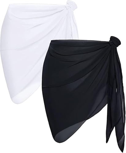 JFAN Traje de Baño para Mujer Bikini Cubierta Falda de Chifón Pareo de Playa Piscina Vacaciones Blanco+Negro