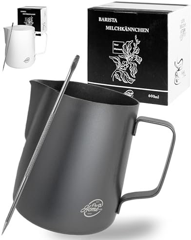 Pro@Home43® Bricco Latte professionale, Bricco per Latte in Acciaio Inox, lattiera per cappuccino 600 ml in nero antracite con penna Latte Art e confezione regalo