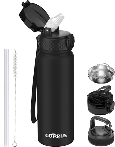 GOPPUS Borraccia Acciaio Inossidabile 600ml/20oz con Cannuccia Borraccia Sportiva Isolata Bottiglie d'Acqua in Metallo Ribaltabili a Doppia Parete Tenuta Stagna per Sport Palestra con 3 Coperchi