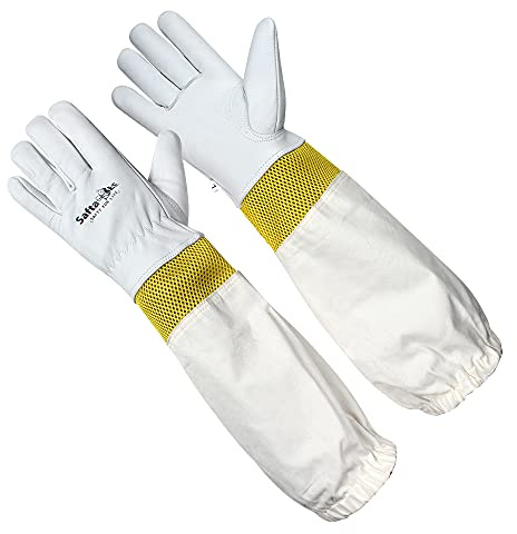SAFTA Premium Quality Cow Hide Beekeeping Gloves, Bee keepers Gloves for Professionals, Ventilated Long Sleeves, Elastic Cuffs Sting Proof Bee Gloves, Light Thorn proof Gardening Work Gloves. (S)