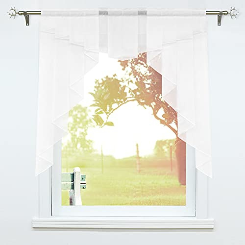 SCHOAL Scheibengardinen, Küche Gardinen, BxH 80x80 cm Weiß | Kleinfenster Küchengardine mit Kräuselband oder Tunnelzug, Bistrogardinen Voile, Transparente Kurzgardinen Modern, 1 Stück