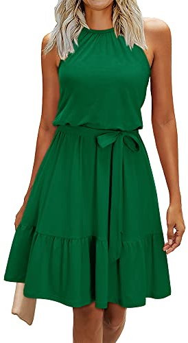 Newshows Sommerkleid Damen Knielang Elegant Kleid Neckholder Sommer Ärmellos Freizeitkleider mit Taschen(Dunkel Grün, L)