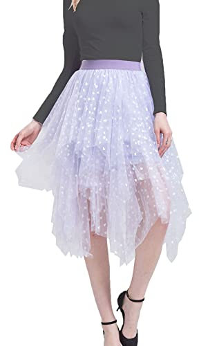 LBKKC Gonna da donna in tulle formale alto basso asimmetrico Midi lunghezza tè elastico in vita tutù gonne, Lilla, M/L