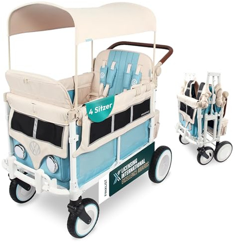 WonderFold Volkswagen W4 KinderVan (4 Sitzer) | Bollerwagen faltbar mit Dach | Zusammenklappbarer Kinderwagen mit VW-Stoßstange | Funktionierenden Scheinwerfern, All-Terrain XL-Rädern | Bondi Blue