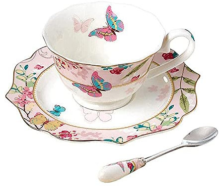 Jiotouhu Ensemble tasse à café et soucoupe en porcelaine anglaise avec cuillère Motif papillon Rose