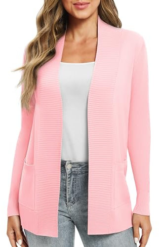 EXCHIC Leicht Damen Lange Ärmel V-Ausschnitt Lange Gestrickt Cardigan Gemütlich Offene Front Strickjacke mit Taschen (XXL, Rosa)