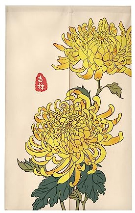 Surwin Noren Giapponese Tenda da Porta in Lino, Vintage Giapponese Noren Divisorie Lunga Tappezzeria per Finestra Cucina Ristorante Negozio Doorway Decorazione (85x180cm,Crisantemo)