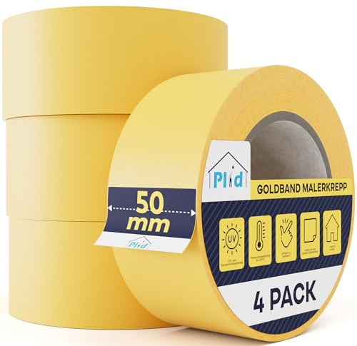 Plid Goldband Malerkrepp – 4 Rollen - 50 mm × 50 m – Malerklebeband | Kreppband | Abklebeband | Für Wand, Holz, Metall, Putz & Glas | Präzise Farbkanten | Innen & Außen