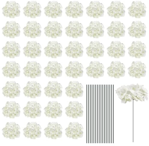sourcing map Flores de hortensia artificiales de seda, cabezas de flores artificiales blancas con tallos, flores de hortensia completas para centros de mesa de boda, decoración de fiestas, juego de 64
