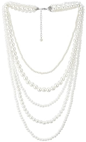 COOLSTEELANDBEYOND Multi-Fila Bianco Perla Statement Collana Collare Perlina Charms Pendente, Abito da Sera Nozze Nuziali Festa