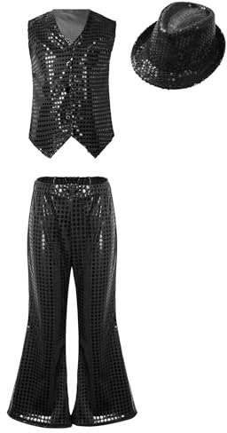 ranrann Unisex Costume da Ballo Jazz Bambine Ragazze Set Completo da Danza Jazz Salsa Set 3 Pezzi Gilet con Pailletts Pantaloni Svasati Cappello Costume da Prestazioni A Nero 6-7 anni