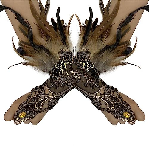 ihreesy 1 Paar Damen Feder Spitze Lange Handschuhe, Vintage Feder Manschette Fingerlose Handschuhe Manschetten Spitzenhandschuhe Armkette für Halloween-Rollenspielparty,Braun