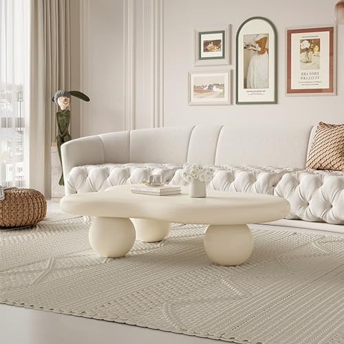 Schlichter Couchtisch in Wolkenform in Weiß/Creme, moderner Beistelltisch in Wolkenform aus Holz 39×27 für Wohnzimmer und Schlafzimmer, unregelmäßiger Couchtisch mit 3 Kugelbeinen