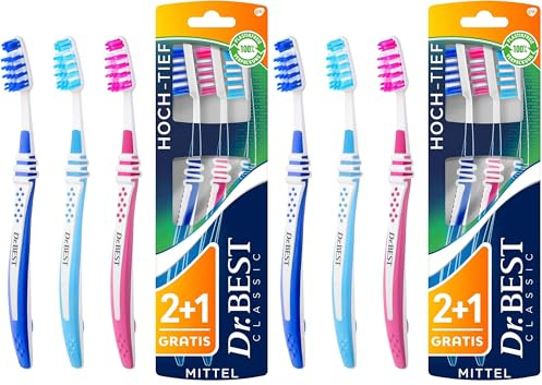 Dr.BEST Hoch-Tief Zahnbürste, Mittel, Vorteilspack(2+1Stück Gratis)Die kürzeren Borstenreihen reinigen die Zahnoberfläche, die längeren sind speziell für die Reinigung der Zahnzwischenräume konzipiert
