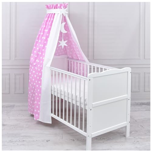 Generisch Baby Delux Babybett Himmel Betthimmel Baumwolle Baldachin für Babybett Kinderbett Wiege Stubenwagen Himmelstange Sterne Mond Applikationen Deko (Pink Dots, mit Himmelstange)