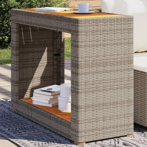 Chaduof Garten-Beistelltisch mit Holzplatte Grau Poly Rattan, Gartentisch, Terrassentisch, Esstisch Garten, Balkontisch, Gartenesstisch, Gartenmöbel, Partytisch - 366307