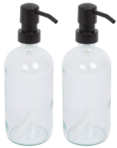 Harbour Housewares Clear Glass Soap Dispensers Pack of 2-500ml Refillable Bottles with Black Pumps - Bathroom and Kitchen Accessories for Hand Wash, Lotion or Washing Up Liquid